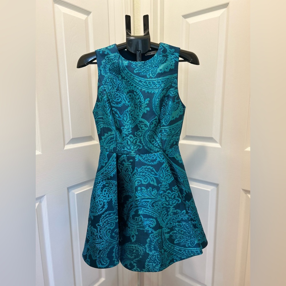 Alice + Olivia Teal Paisley Fit-and-Flare Mini Dress